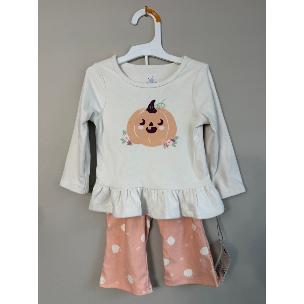 Cloud Island Pumpkin Top Flared Pants Set Baby 12M Peach Cream Halloween NWT